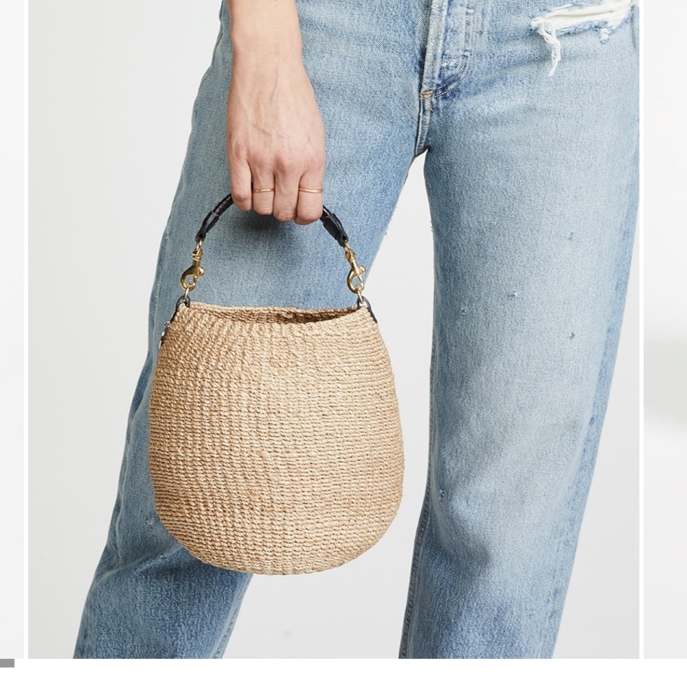 Clare V Beige Woven Bucket Hobo with Black Handle and Gold Hardware - Picture 2 of 11